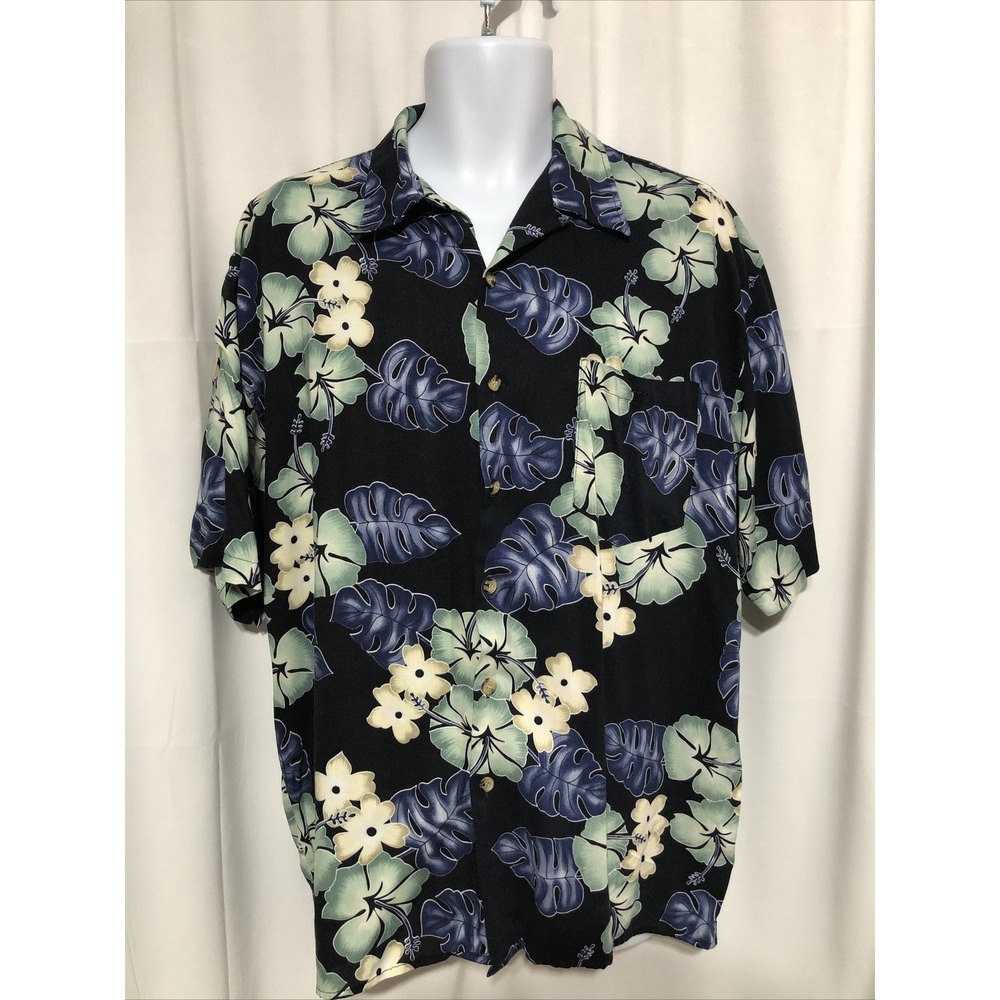 Scandia Woods Hawaiian Shirt Mens Large Black Tropical Rayon Hibiscus Floral S/S